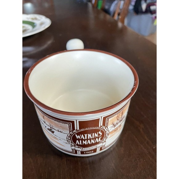 WATKINS ALMANAC CHILI / SOUP BOWL HANDLED MUG JAN 1902 STONEWARE ICE SKATING - Picture 1 of 5